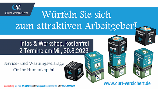 Würfeln Sie sich zum attraktiven Arbeitgeber! Infos & Workshop, kostenfrei. 2 Termine am Mittwoch, 30.08.2023. Service- und Wartungsverträge für Ihr Humankapital